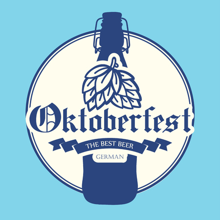 Oktoberfest icon. Drink menu. Vector illustration with beer bottle in sketch style for pub. Alcoholic festival beverages on blue background.のイラスト素材