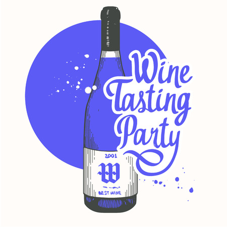 Vector illustration with bottle in sketch style for wine list. Poster alcoholic beverages. Tasting party. Brush calligraphy elements your design. Handwritten ink lettering.のイラスト素材