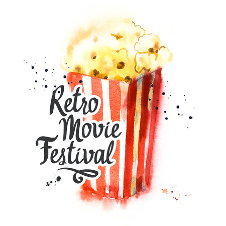 Watercolor illustration with sketch popcorn bucket. Sketch design. Cinema snack. Hand drawn fast food. Movie Time poster. Retro movie festival.の写真素材