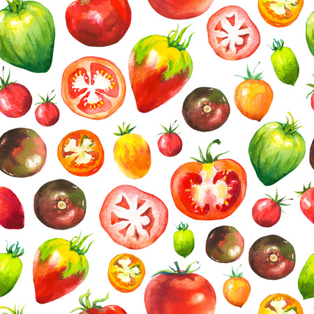 Vegetables watercolor set. Seamless pattern. Fresh organic food. Set of different kinds of tomatoes: green, orange and red colors. Simple painting sketch.の写真素材
