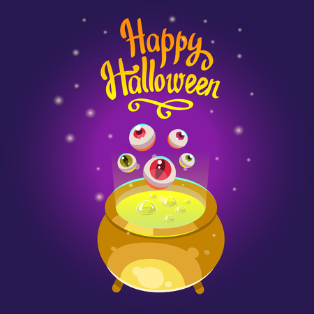 Halloween composition. Funny pot with green potion and scary eyes. Vector illustration for holiday in cartoon style.のイラスト素材