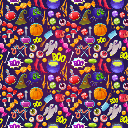 Seamless halloween pattern. Funny background with scary objects. Vector illustration with eyes, potion, spider, bones, bringing, pumpkin, witches boots and hat in cartoon style.のイラスト素材