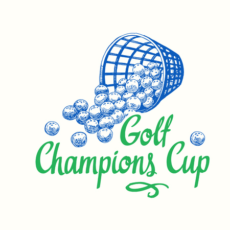Golf basket with balls. Vector set of hand-drawn sports equipment. Illustration in sketch style on white background. Brush calligraphy elements for your design. Handwritten ink lettering.のイラスト素材