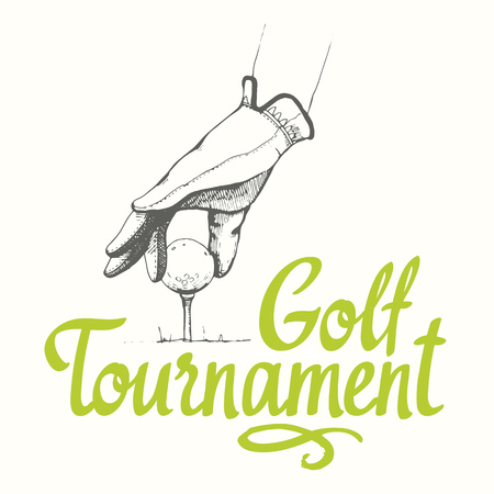 Poster with hand of golfer and golf ball. Vector set of hand-drawn sports equipment. Illustration in sketch style on white background. Brush calligraphy elements for your design. Tournament.のイラスト素材