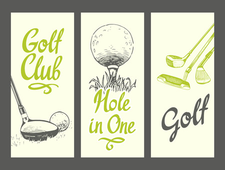 Golf layout banners with ball, clubs, glove. Vector set of hand-drawn sports equipment. Illustration in sketch style on white background. Brush calligraphy elements for your design.のイラスト素材