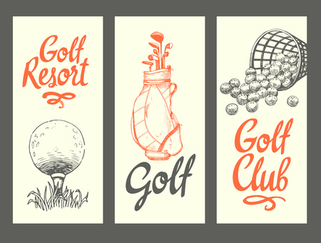 Golf layout banners with ball, backet, bag, clubs, glove. Vector set of hand-drawn sports equipment. Illustration in sketch style on white background. Brush calligraphy elements for your design.のイラスト素材