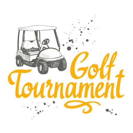 Golf car. Vector set of hand-drawn sports equipment. Illustration in sketch style on white background. Brush calligraphy elements for your design. Handwritten ink lettering. Tournament.のイラスト素材