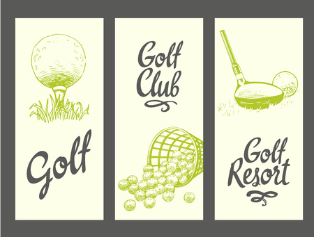 Golf layout banners with ball, backet, clubs, glove. Vector set of hand-drawn sports equipment. Illustration in sketch style on white background. Brush calligraphy elements for your design.のイラスト素材