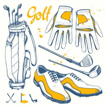 Golf set with basket, shoes, putter, ball, gloves, flag, bag. Vector set of hand-drawn sports equipment. Illustration in sketch style on white background. Handwritten ink lettering.のイラスト素材