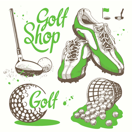 Golf set with basket, shoes, putter, ball, gloves, bag. Vector set of hand-drawn sports equipment. Illustration in sketch style on white background. Handwritten ink lettering.のイラスト素材