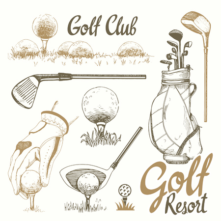 Golf set with basket, shoes, putter, ball, gloves, flag, bag. Vector set of hand-drawn sports equipment. Illustration in sketch style on white background. Handwritten ink lettering.のイラスト素材