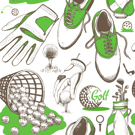 Seamless golf pattern with basket, shoes, car, putter, ball, gloves, bag. Vector set of hand-drawn sports equipment. Illustration in sketch style on white background.のイラスト素材