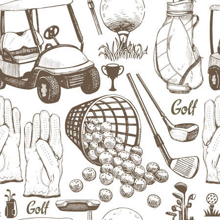 Seamless golf pattern with basket, shoes, car, putter, ball, gloves, bag. Vector set of hand-drawn sports equipment. Illustration in sketch style on white background.のイラスト素材