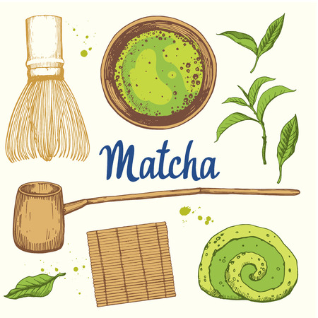 Japanese ethnic and national tea ceremony. Matcha. Traditions of teatime. Decorative elements for your design. Vector Illustration with party symbols on white background.のイラスト素材