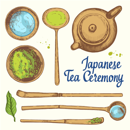Japanese ethnic and national tea ceremony. Matcha. Traditions of teatime. Decorative elements for your design. Vector Illustration with party symbols on white background.のイラスト素材