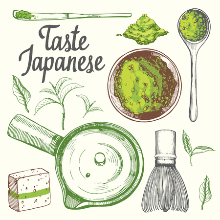 Japanese ethnic and national tea ceremony. Matcha. Traditions of teatime. Decorative elements for your design. Vector Illustration with party symbols on white background.のイラスト素材
