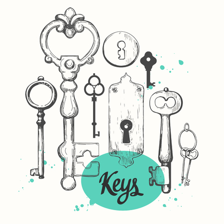 Vector set of hand-drawn antique keys. Illustration in sketch style on white background. Old designのイラスト素材