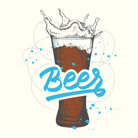 Pub drink . Vector illustration with beer glass in sketch style. Party poster on white background. Handwritten ink lettering.のイラスト素材