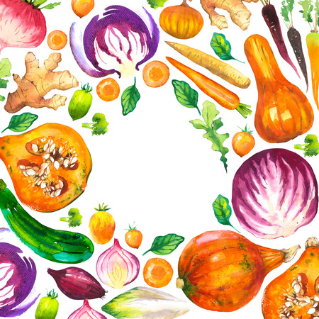 Watercolor illustration with round composition of farm illustrations. Vegetables set: pumpkin, zucchini, onion, tomato, cabbage, broccoli, beets, carrots, ginger, plum. Fresh organic food.の写真素材