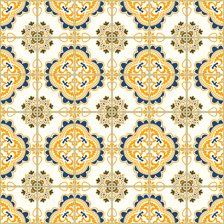 Seamless pattern with portuguese tiles. Vector illustration of Azulejo on white background. Mediterranean style. Blue and yellow design.のイラスト素材