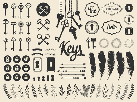 Vector illustration with design illustrations for decoration. Big silhouettes set of keys, locks, wreaths, illustrations, branch, arrows, feathers on white background. Vintage style.のイラスト素材