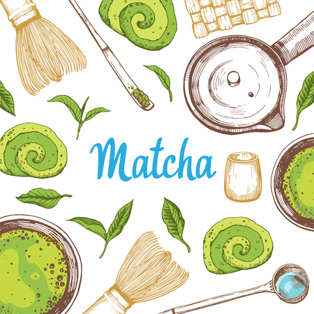 Japanese ethnic and national tea ceremony. Matcha. Traditions of teatime. Decorative elements for your design. Vector Illustration with party symbols on white background.のイラスト素材