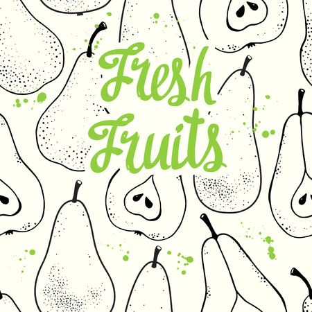 Seamless nature pattern with sketch of fruit. Black and white vector background with pear. Tropical...