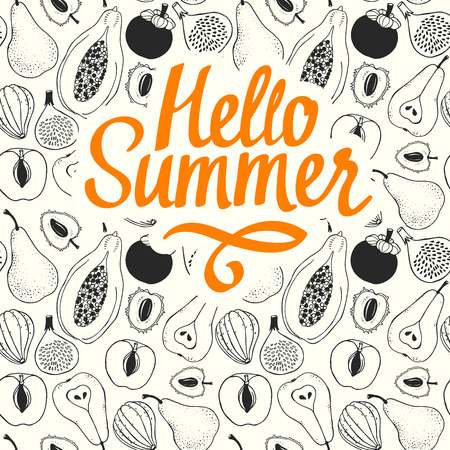 Seamless nature pattern with sketch of fruit. Black vector line illustration of papaya, fig, pear, peach, mangosteen, lychee on white background. Tropical food. Hello summer.のイラスト素材