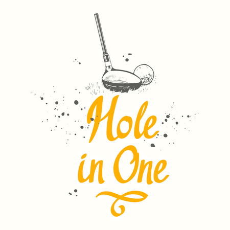 Golf. Vector set of hand-drawn sports equipment. Illustration in sketch style on white background. Brush calligraphy elements for your design. Handwritten ink lettering. Hole in one.のイラスト素材