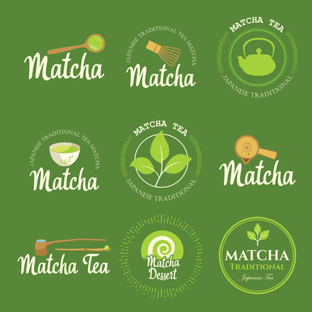 Japanese ethnic and national tea ceremony. Matcha icon set. Traditions of teatime. Decorative elements for your design. Vector illustration with party symbols on green background.のイラスト素材