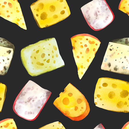 Seamless watercolor background with different noble cheeses: camembert, gouda, parmesan, blue, edammer, maasdam, brie, roquefort. Snack bar. Farm dairy illustrations. Fresh organic food.の写真素材