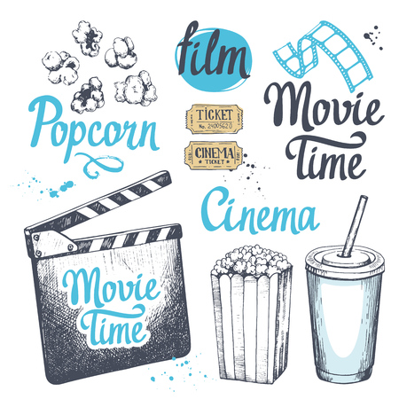 Movie time vector illustration with sketch popcorn bucket, illustration, glass of drink, tickets, 3D glasses. Cinema snack. Hand drawn fast food.のイラスト素材