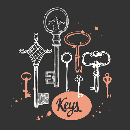 Vector set of hand-drawn antique keys. Illustration in sketch style on black background. Old designのイラスト素材