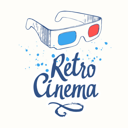 Retro cinema. Movie time vector illustration with sketch 3D glasses and brush calligraphy illustrations on white backgrouns.のイラスト素材