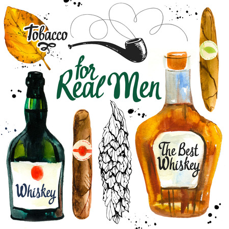 Watercolor and sketch illustration with classical illustrationking and drink set. Bunch of tobacco, hand rolled cigars, whiskey, pipe, leaf in hand drawn style. Best cuban quality.の写真素材
