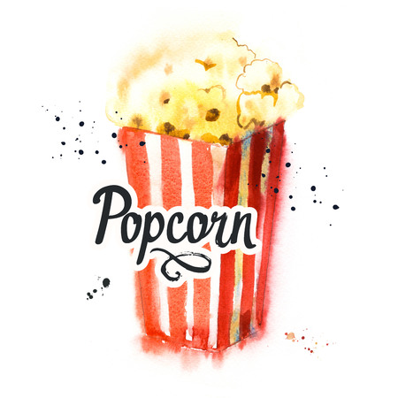 Watercolor illustration with sketch popcorn bucket. Sketch design. Cinema snack. Hand drawn fast food. Movie Time poster. Retro movie festival.の写真素材