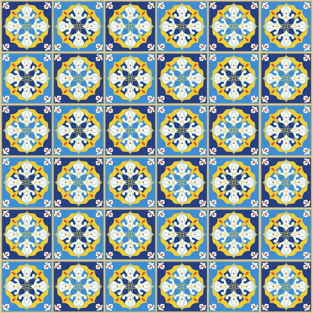 Seamless pattern with portuguese tiles. Vector illustration of Azulejo on white background. Mediterranean style. Blue and yellow design.のイラスト素材