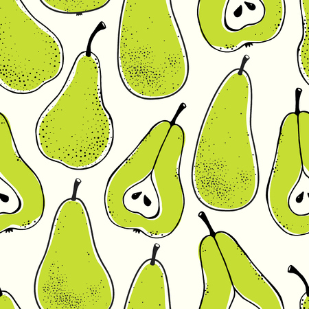 Seamless nature pattern with sketch of fruit. Green vector background with pear. Tropical food.のイラスト素材