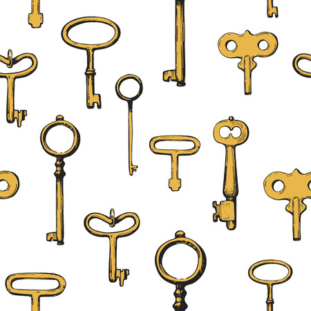Seamless pattern. Vector set of hand-drawn antique keys. Illustration in sketch style on white background. Old design.のイラスト素材