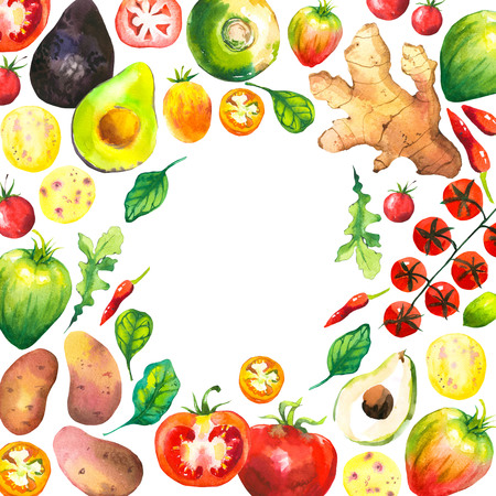 Watercolor illustration with round composition of farm vegetables. Set of different vegetables: tomato, potato, avocado, ginger, pepper, turnips, arugula, spinach. Fresh organic food.の写真素材