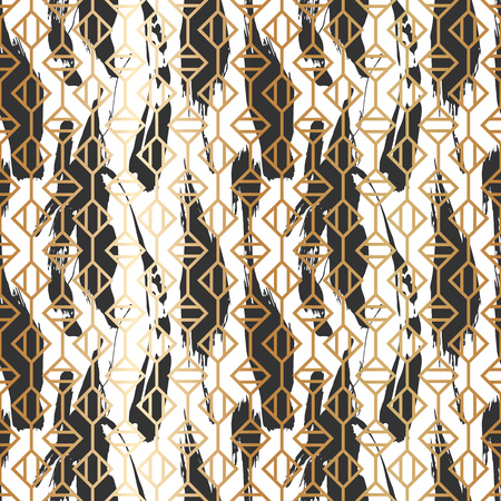 Seamless pattern with creative geometric texture. Vector illustration of spray paint on white background. Ink smudges. Gold and black colors.のイラスト素材