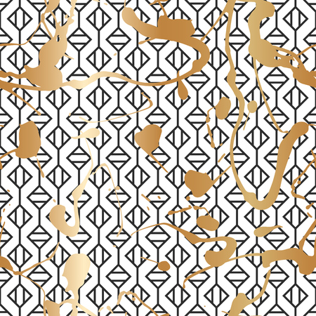 Seamless pattern with creative geometric texture. Vector illustration of spray paint on white background. Ink smudges. Gold and black colors.のイラスト素材
