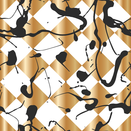 Seamless pattern with creative geometric texture. Vector illustration of spray paint on white background. Ink smudges. Gold and black colors.のイラスト素材