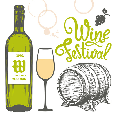 Vector illustration with bottle, glass, cask in sketch style. Alcoholic beverages set. Wine festival. Brush calligraphy illustrations for your design. Handwritten ink lettering.のイラスト素材