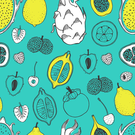 Seamless nature pattern with sketch of fruit. Yellow and white vector line illustration of papaya, fig, pear, peach, mangosteen, lychee on turquoise background. Tropical food.のイラスト素材