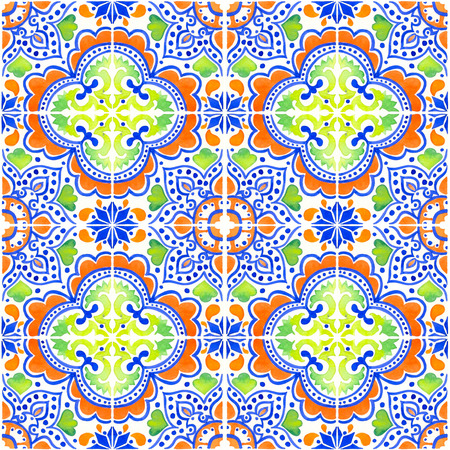 Seamless pattern with with Portuguese tiles. Watercolor illustration of Azulejo on white background. Multicolor design.の写真素材