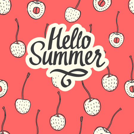 A Seamless nature pattern with sketch of berries. Red vector background with cherry.のイラスト素材