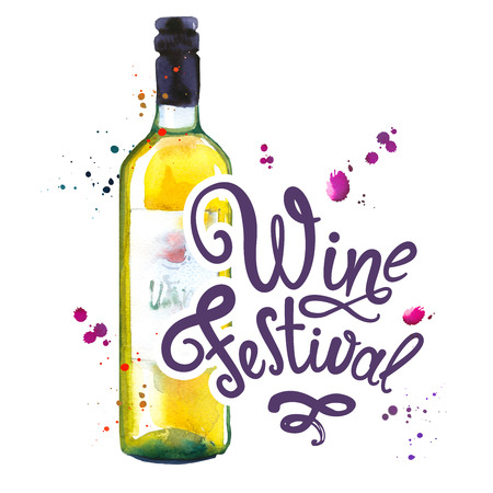 Watercolor illustration with bottle in sketch style for drink list. Poster with illustration beverages. Wine festival. Brush calligraphy illustrations for your design. Handwritten ink lettering.の写真素材
