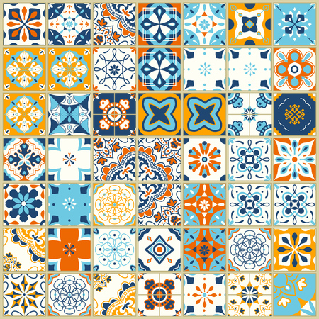 Seamless pattern with portuguese tiles. Vector illustration of Azulejo on white background. Mediterranean style. Multicolor design.のイラスト素材