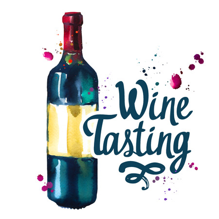 Watercolor illustration with bottle in sketch style for drink list. Poster with illustration beverages. Tasting party. Brush calligraphy illustrations for your design. Handwritten ink lettering.の写真素材